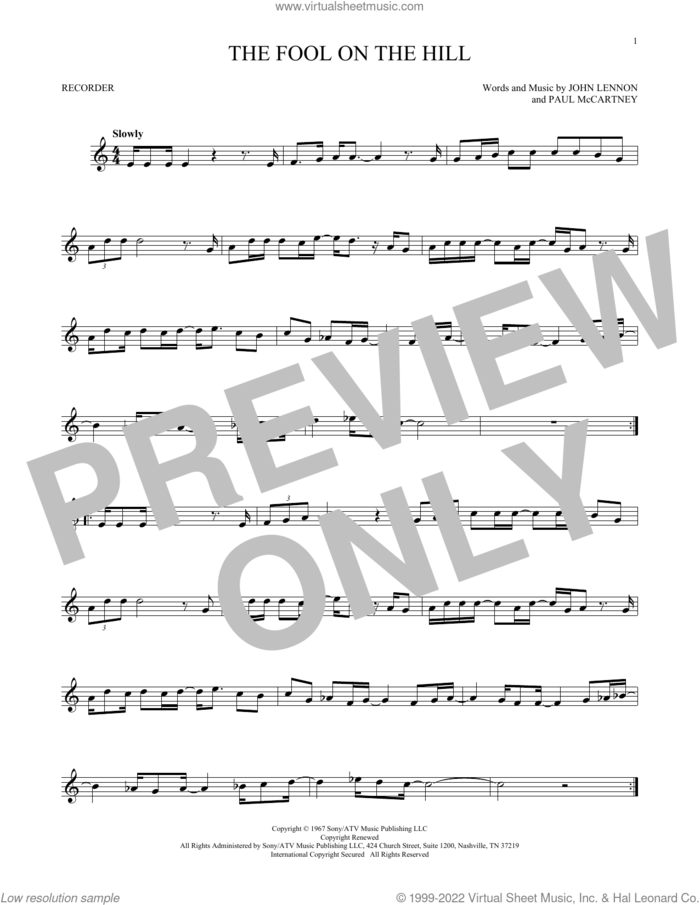 The Fool On The Hill sheet music for recorder solo by The Beatles, John Lennon and Paul McCartney, intermediate skill level