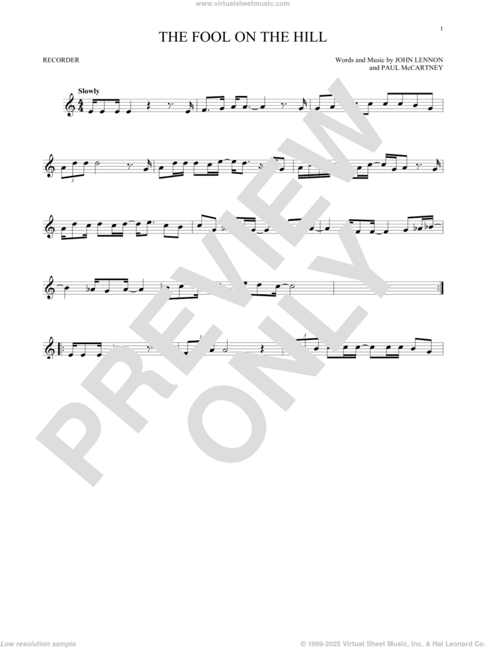 The Fool On The Hill sheet music for recorder solo by The Beatles, John Lennon and Paul McCartney, intermediate skill level