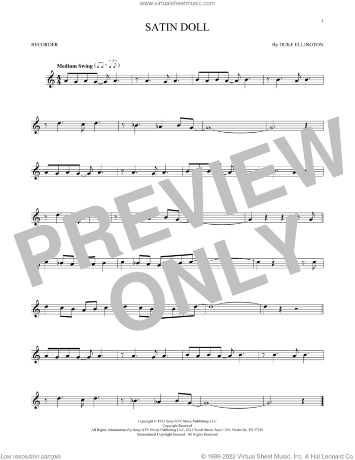 Satin Doll sheet music for recorder solo by Duke Ellington, Billy Strayhorn and Johnny Mercer, intermediate skill level