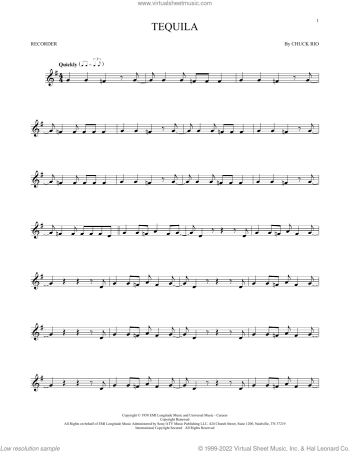 Tequila sheet music for recorder solo by The Champs and Chuck Rio, intermediate skill level