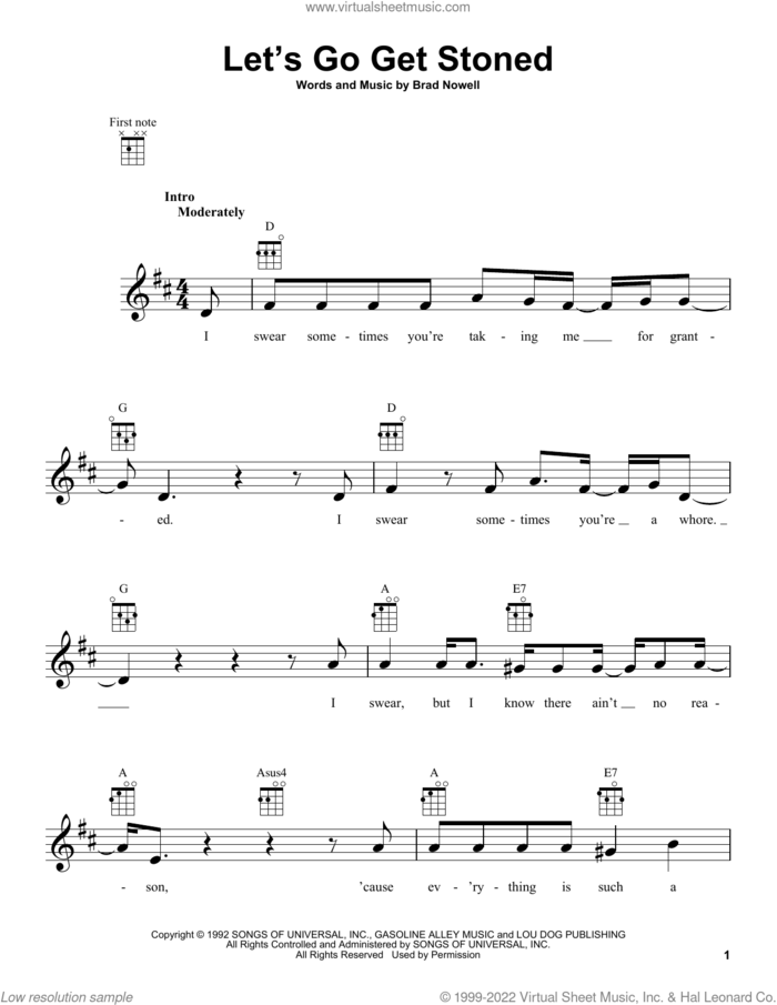 Let's Go Get Stoned sheet music for ukulele by Sublime and Brad Nowell, intermediate skill level