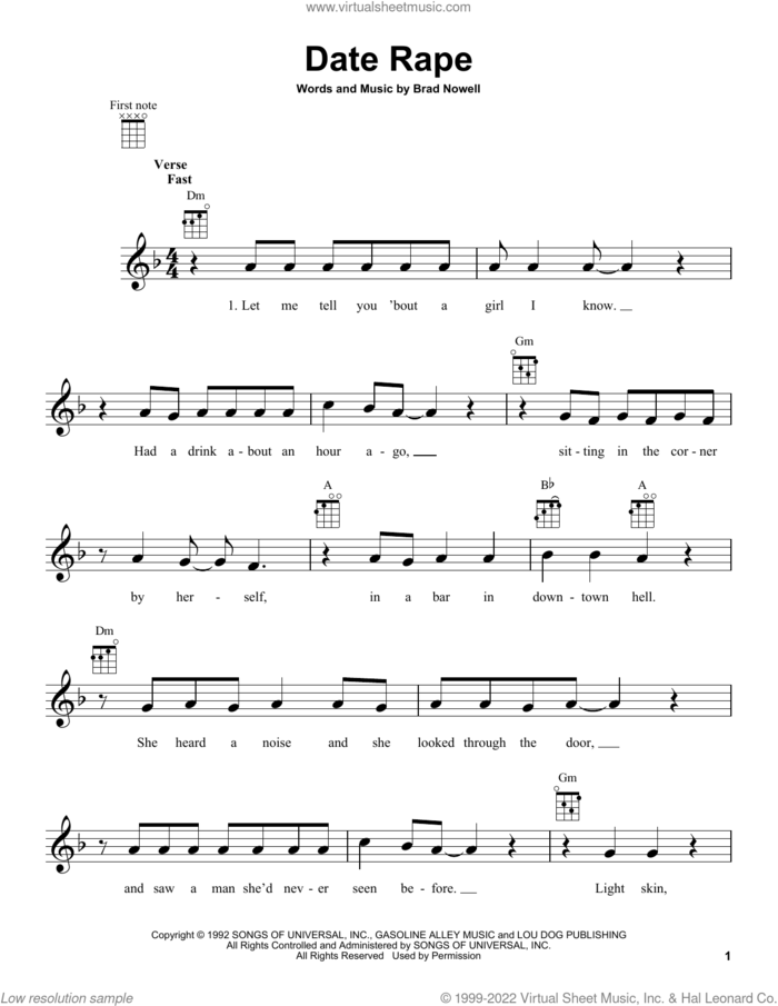 Date Rape sheet music for ukulele by Sublime and Brad Nowell, intermediate skill level