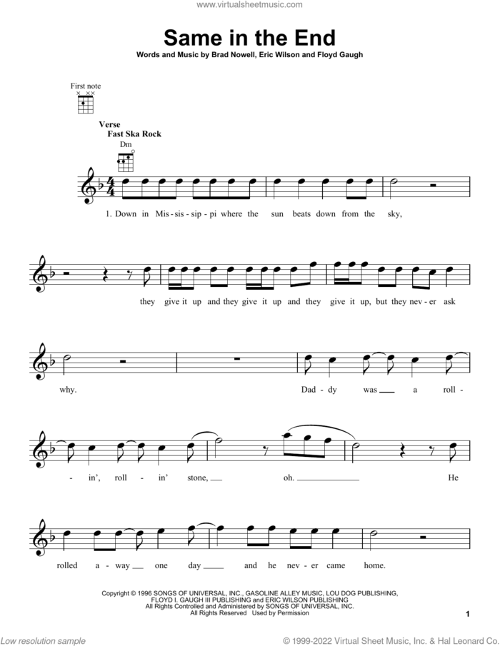 Same In The End sheet music for ukulele by Sublime, Brad Nowell, Eric Wilson and Floyd Gaugh, intermediate skill level