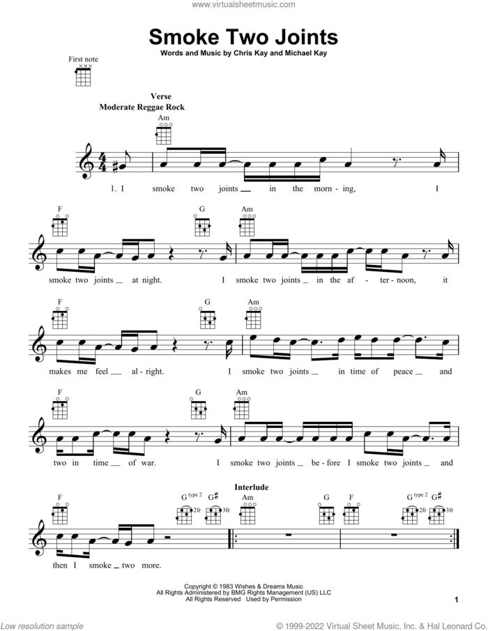 Smoke Two Joints sheet music for ukulele by Sublime, Chris Kay and Michael Kay, intermediate skill level