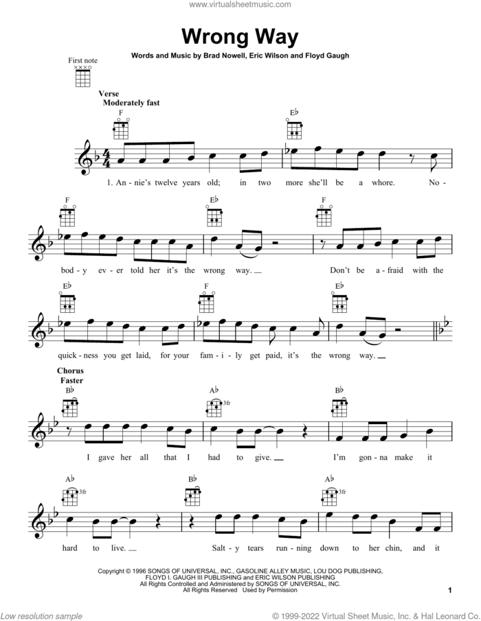 Wrong Way sheet music for ukulele by Sublime, Brad Nowell, Eric Wilson and Floyd Gaugh, intermediate skill level