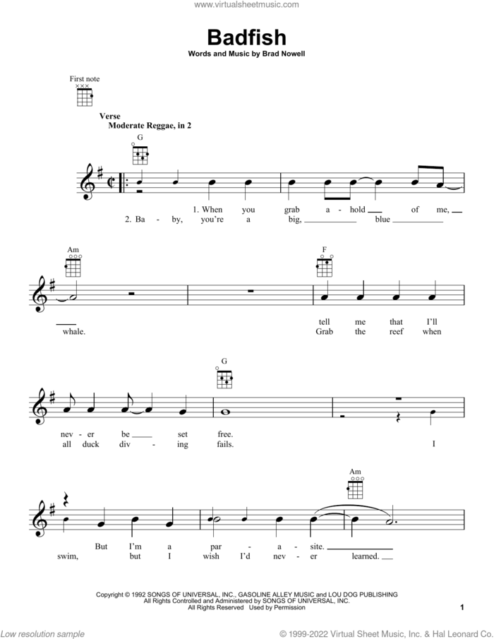 Badfish sheet music for ukulele by Sublime and Brad Nowell, intermediate skill level