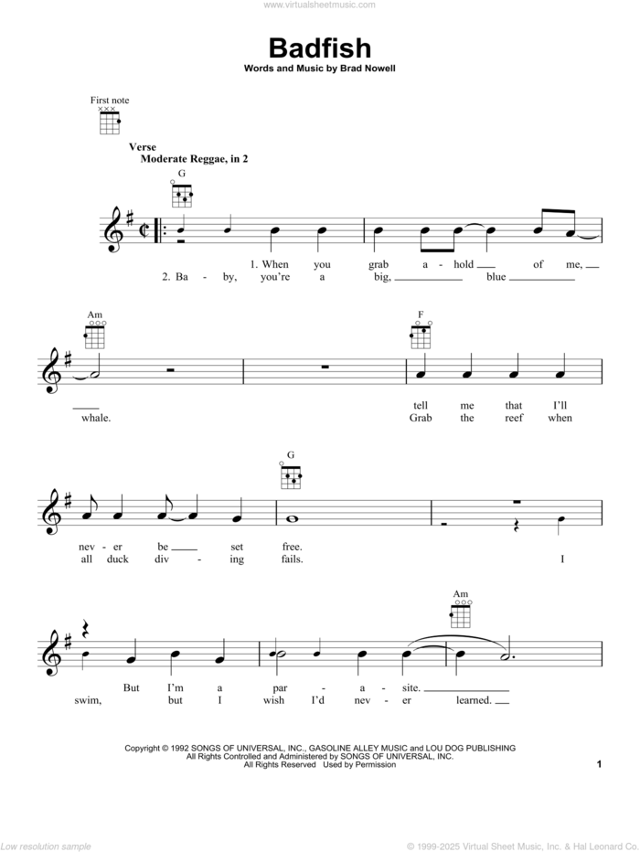 Badfish sheet music for ukulele by Sublime and Brad Nowell, intermediate skill level