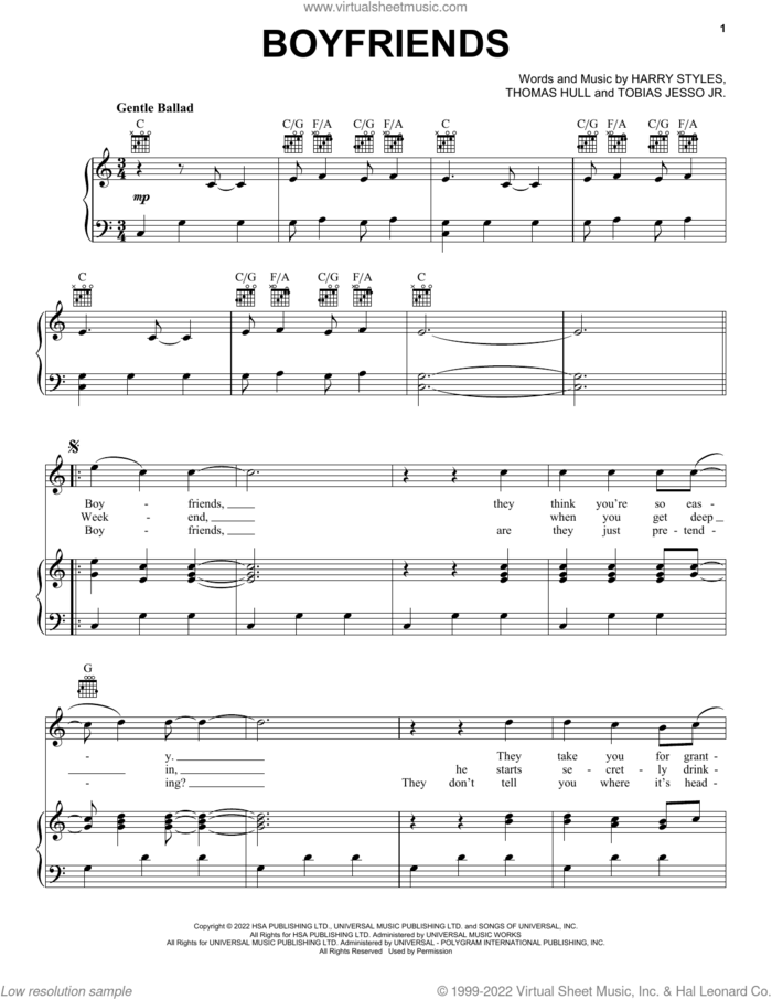 Boyfriends sheet music for voice, piano or guitar by Harry Styles, Tobias Jesso Jr. and Tom Hull, intermediate skill level