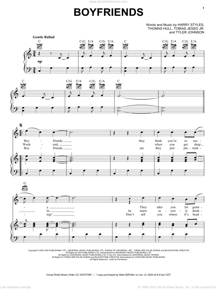 Boyfriends sheet music for voice, piano or guitar by Harry Styles, Tobias Jesso Jr. and Tom Hull, intermediate skill level