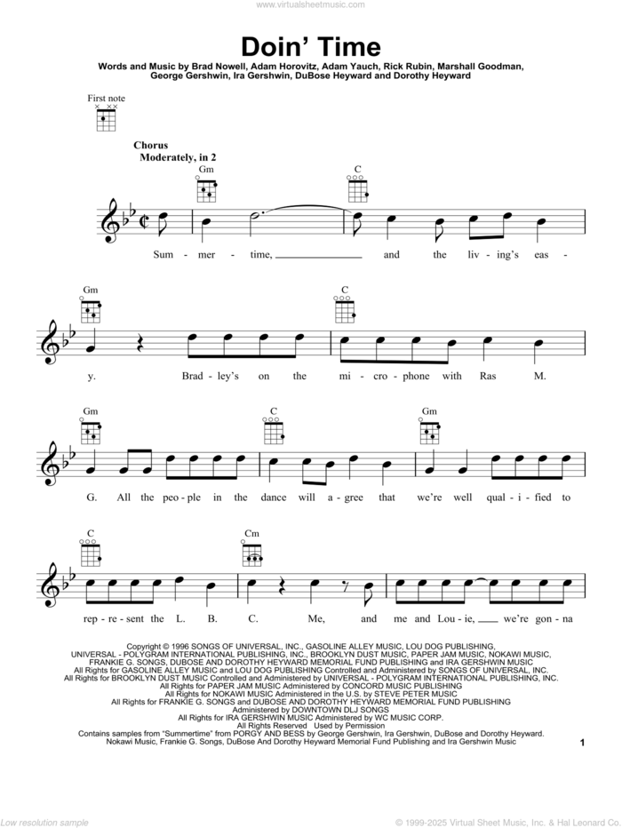 Doin' Time sheet music for ukulele by Sublime, Adam Horovitz, Adam Yauch, Brad Nowell, Dorothy Heyward, DuBose Heyward, George Gershwin, Ira Gershwin, Marshall Goodman and Rick Rubin, intermediate skill level