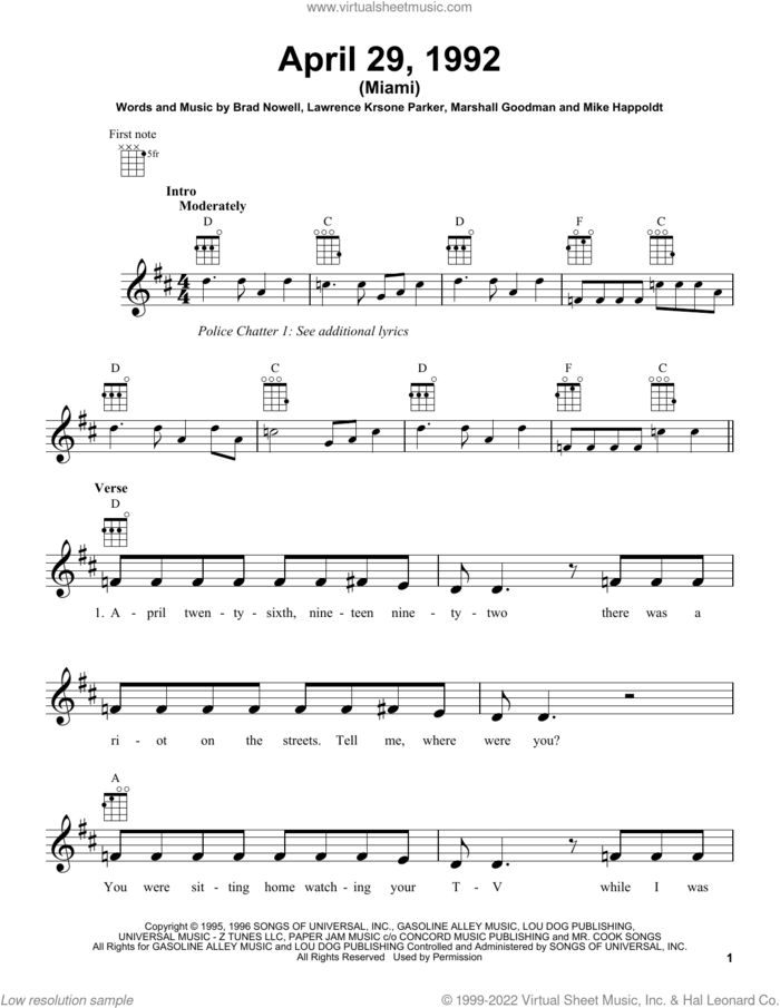 April 29, 1992 (Miami) sheet music for ukulele by Sublime, Brad Nowell, Lawrence Krsone Parker, Marshall Goodman and Mike Happoldt, intermediate skill level