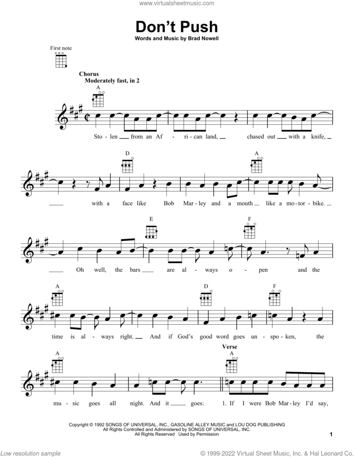 Don't Push sheet music for ukulele by Sublime and Brad Nowell, intermediate skill level