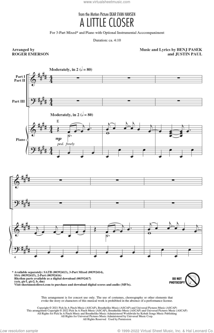 A Little Closer (from Dear Evan Hansen) (arr. Roger Emerson) sheet music for choir (3-Part Mixed) by Pasek & Paul, Roger Emerson, Benj Pasek and Justin Paul, intermediate skill level