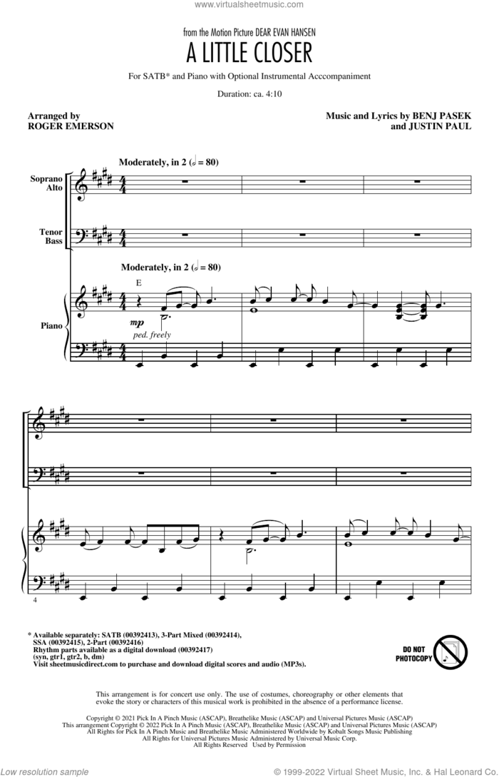 A Little Closer (from Dear Evan Hansen) (arr. Roger Emerson) sheet music for choir (SATB: soprano, alto, tenor, bass) by Pasek & Paul, Roger Emerson, Benj Pasek and Justin Paul, intermediate skill level
