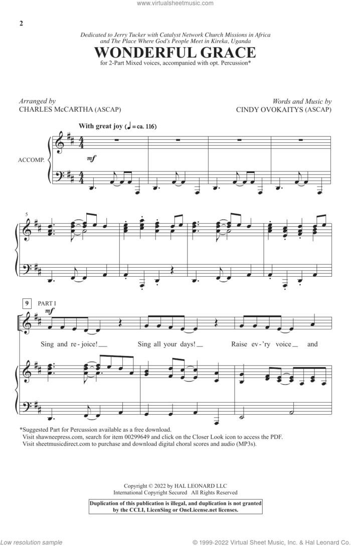 Wonderful Grace (arr. Charles McCartha) sheet music for choir (2-Part) by Cindy Ovokaitys and Charles McCartha, intermediate duet