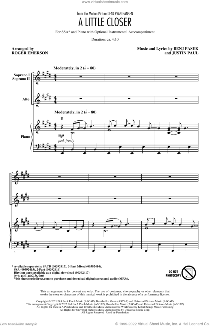 A Little Closer (from Dear Evan Hansen) (arr. Roger Emerson) sheet music for choir (SSA: soprano, alto) by Pasek & Paul, Roger Emerson, Benj Pasek and Justin Paul, intermediate skill level