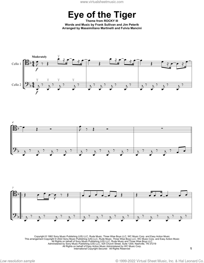 Eye Of The Tiger sheet music for two cellos (duet, duets) by Mr. & Mrs. Cello, Survivor, Frank Sullivan and Jim Peterik, intermediate skill level
