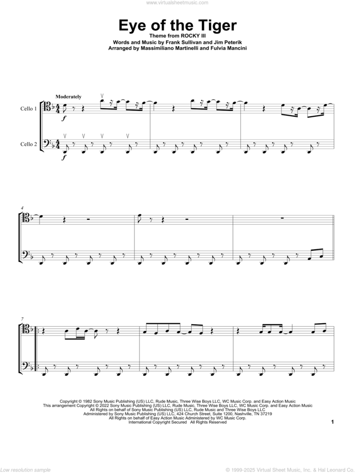 Eye Of The Tiger sheet music for two cellos (duet, duets) by Mr. & Mrs. Cello, Survivor, Frank Sullivan and Jim Peterik, intermediate skill level