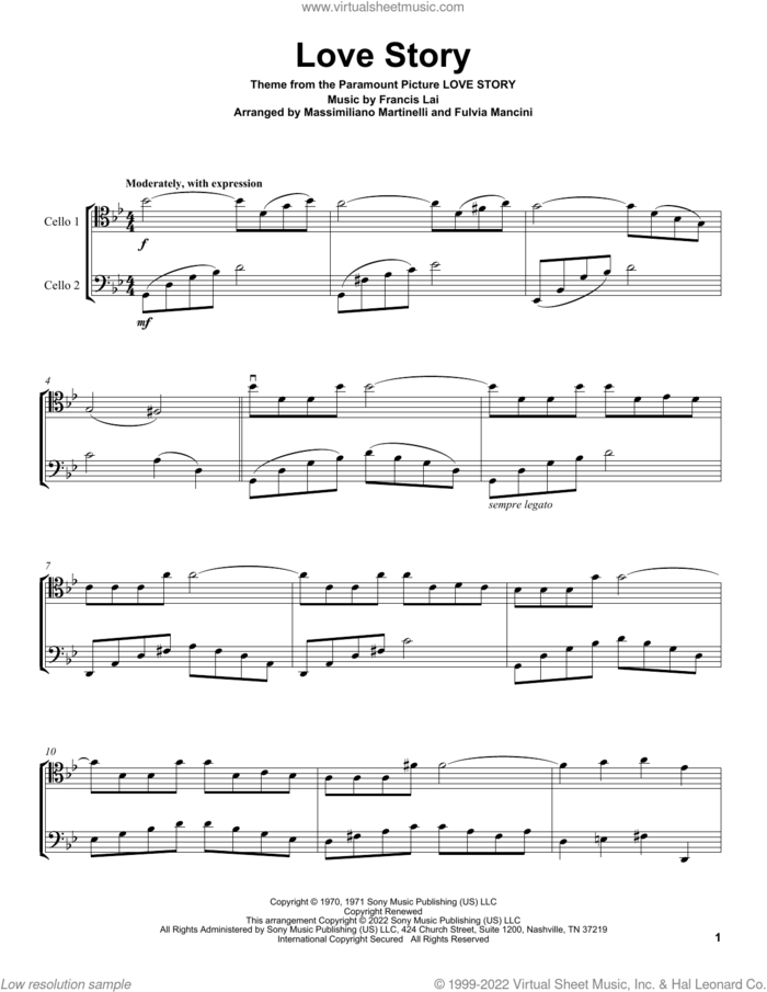 Love Story (from Love Story) sheet music for two cellos (duet, duets) by Francis Lai and Mr. & Mrs. Cello, intermediate skill level