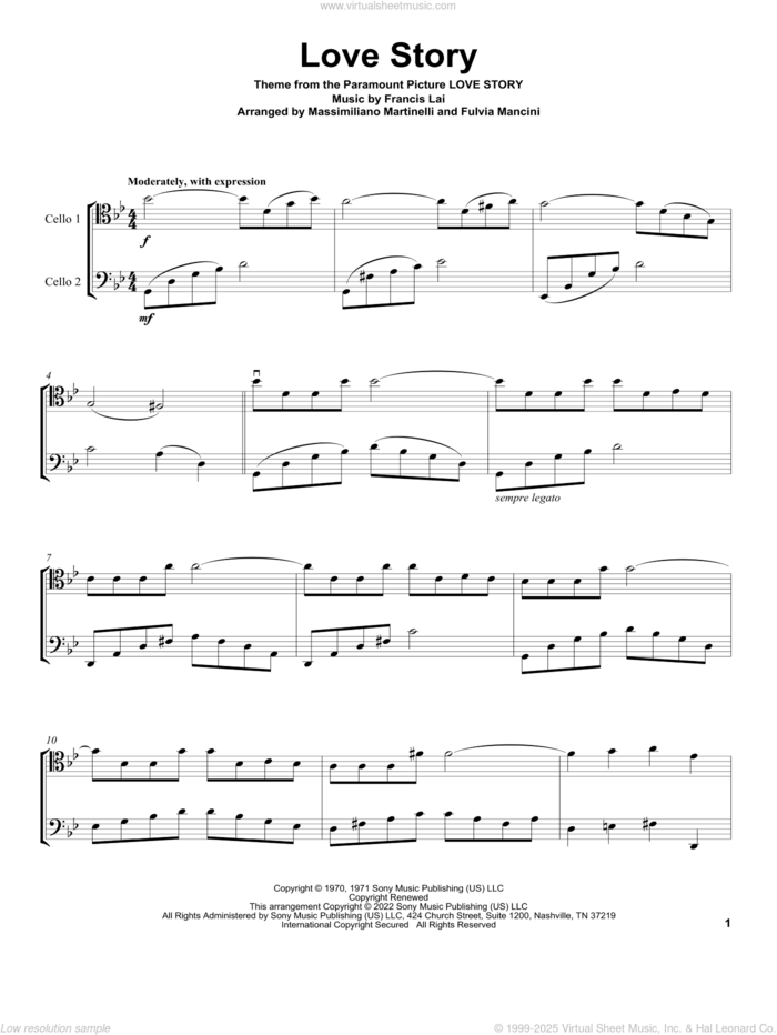 Love Story (from Love Story) sheet music for two cellos (duet, duets) by Francis Lai and Mr. & Mrs. Cello, intermediate skill level