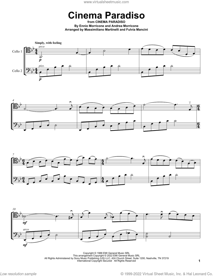 Cinema Paradiso (from Cinema Paradiso) sheet music for two cellos (duet, duets) by Ennio Morricone, Mr. & Mrs. Cello and Andrea Morricone, intermediate skill level