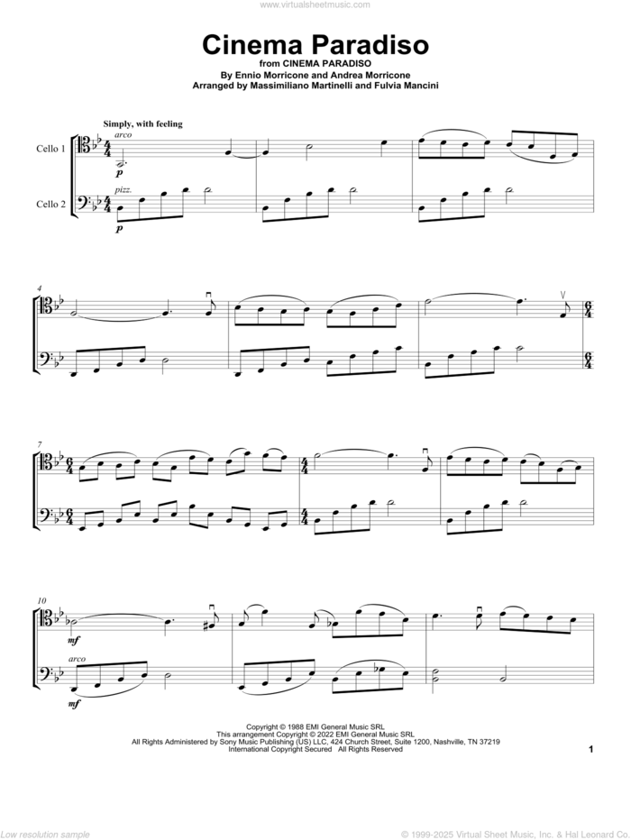 Cinema Paradiso (from Cinema Paradiso) sheet music for two cellos (duet, duets) by Ennio Morricone, Mr. & Mrs. Cello and Andrea Morricone, intermediate skill level