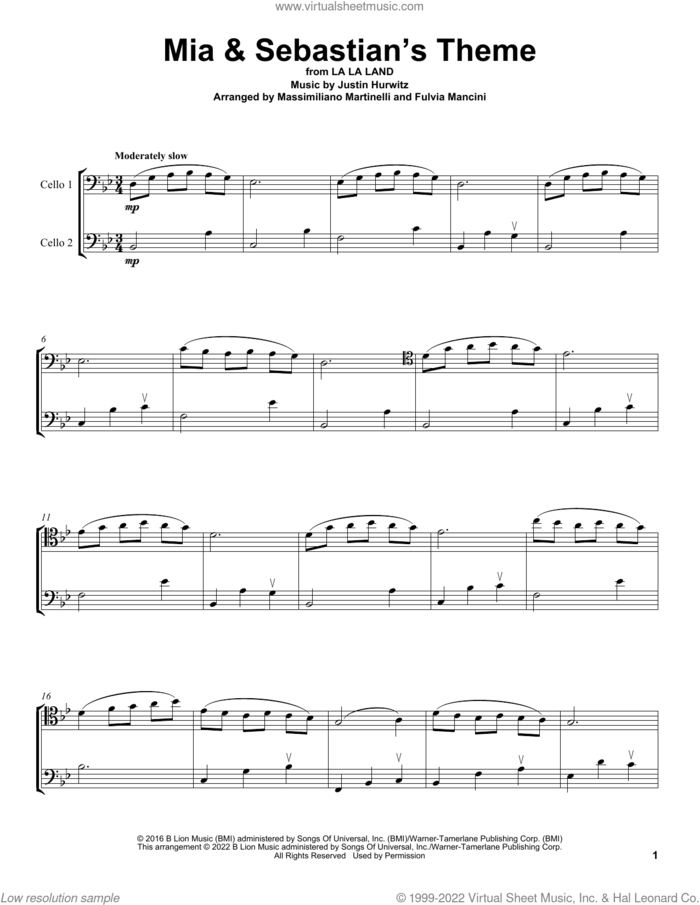 Mia and Sebastian's Theme (from La La Land) sheet music for two cellos (duet, duets) by Justin Hurwitz and Mr. & Mrs. Cello, intermediate skill level
