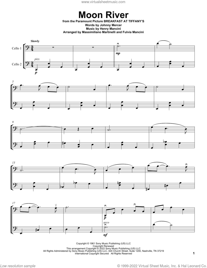 Moon River sheet music for two cellos (duet, duets) by Johnny Mercer, Andy Williams, Mr. & Mrs. Cello and Henry Mancini, intermediate skill level