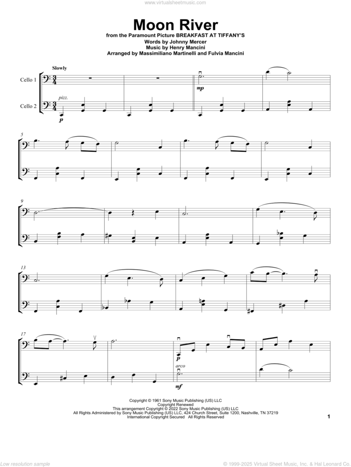 Moon River sheet music for two cellos (duet, duets) by Johnny Mercer, Andy Williams, Mr. & Mrs. Cello and Henry Mancini, intermediate skill level