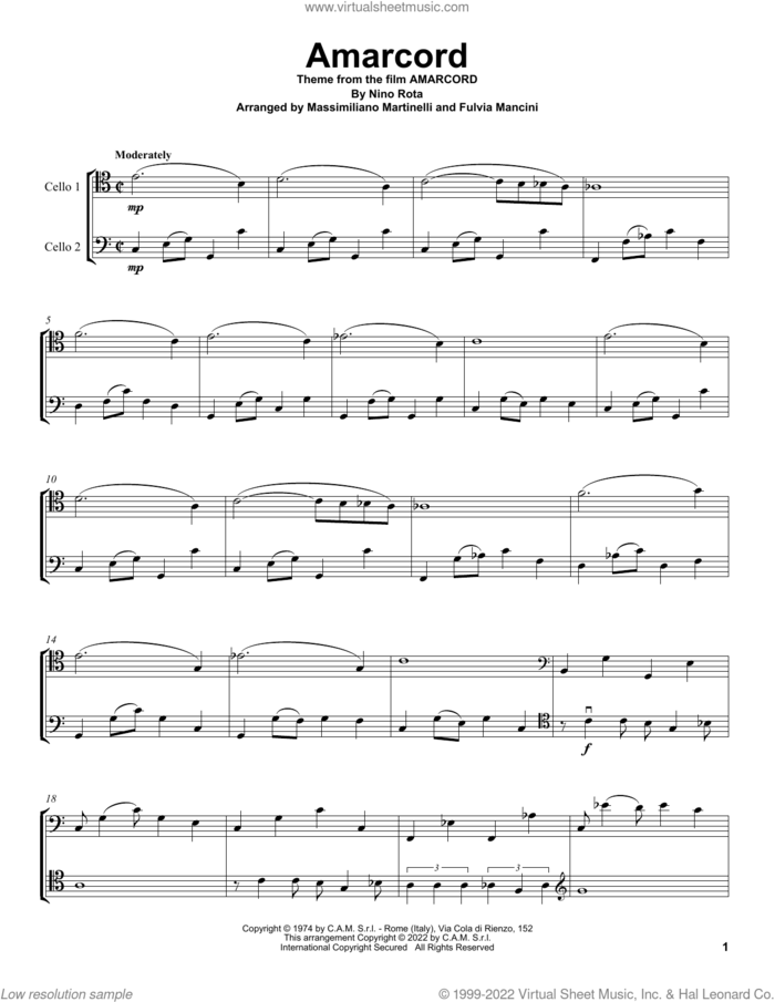Amarcord (from Amarcord) sheet music for two cellos (duet, duets) by Nino Rota and Mr. & Mrs. Cello, intermediate skill level
