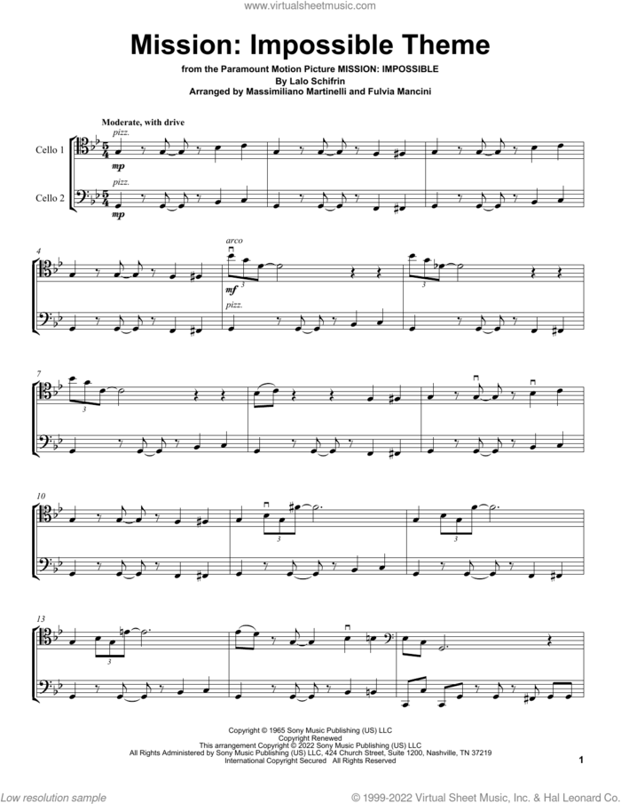 Mission: Impossible Theme (from Mission: Impossible) sheet music for two cellos (duet, duets) by Lalo Schifrin, Adam Clayton and Larry Mullen and Mr. & Mrs. Cello, intermediate skill level