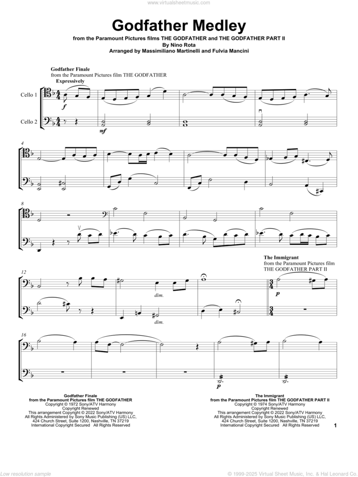 The Immigrant (from The Godfather Part II) sheet music for two cellos (duet, duets) by Nino Rota and Mr. & Mrs. Cello, intermediate skill level