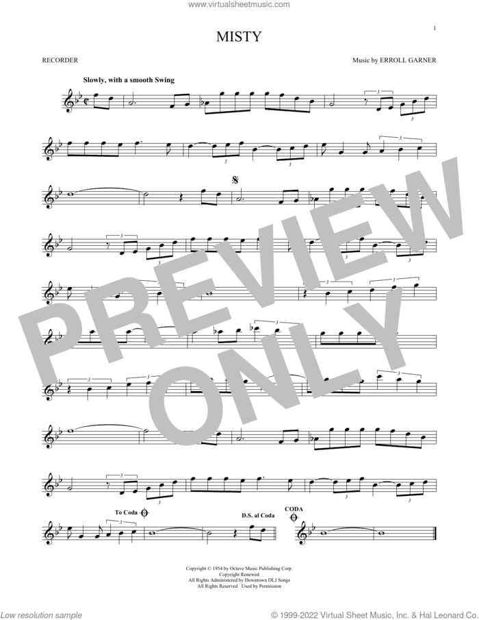 Misty sheet music for recorder solo by Johnny Mathis, Erroll Garner and John Burke, intermediate skill level