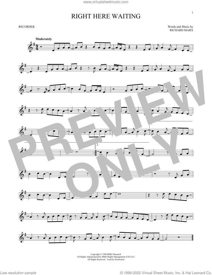 Right Here Waiting sheet music for recorder solo by Richard Marx, intermediate skill level