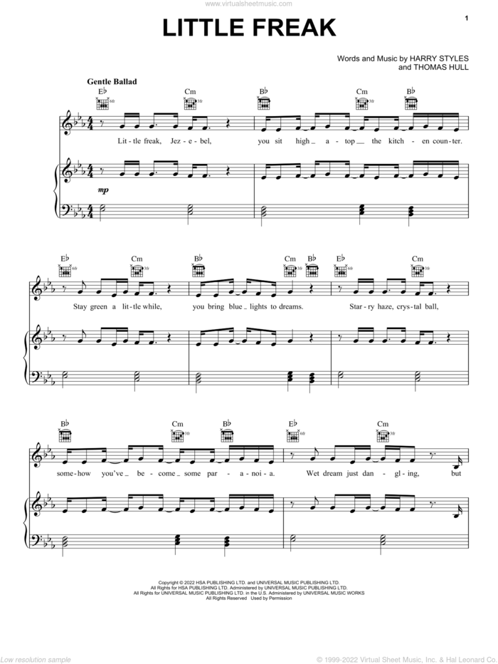Little Freak sheet music for voice, piano or guitar by Harry Styles and Tom Hull, intermediate skill level