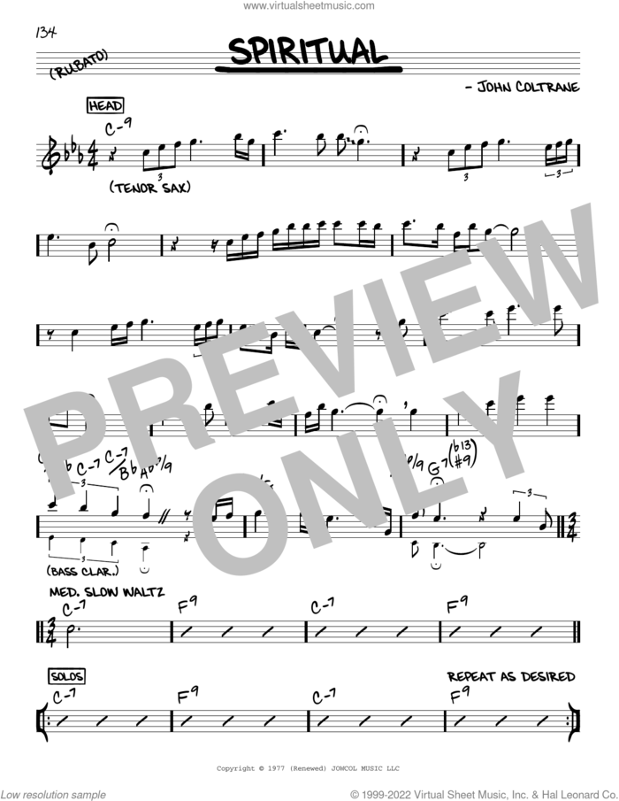 Spiritual sheet music for voice and other instruments (real book) by John Coltrane, intermediate skill level