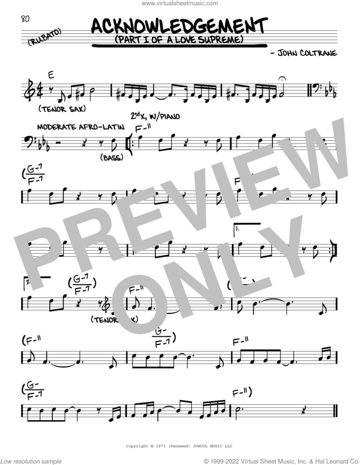 Acknowledgement sheet music for voice and other instruments (real book) by John Coltrane, intermediate skill level