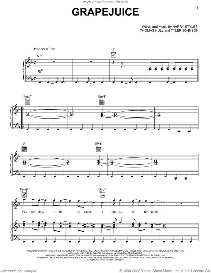 Grapejuice sheet music for voice, piano or guitar by Harry Styles, Tom Hull and Tyler Johnson, intermediate skill level