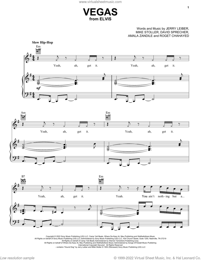 Vegas (from ELVIS) sheet music for voice, piano or guitar by Doja Cat, Amala Zandile, David Sprecher, Jerry Leiber, Mike Stoller and Roget Chahayed, intermediate skill level