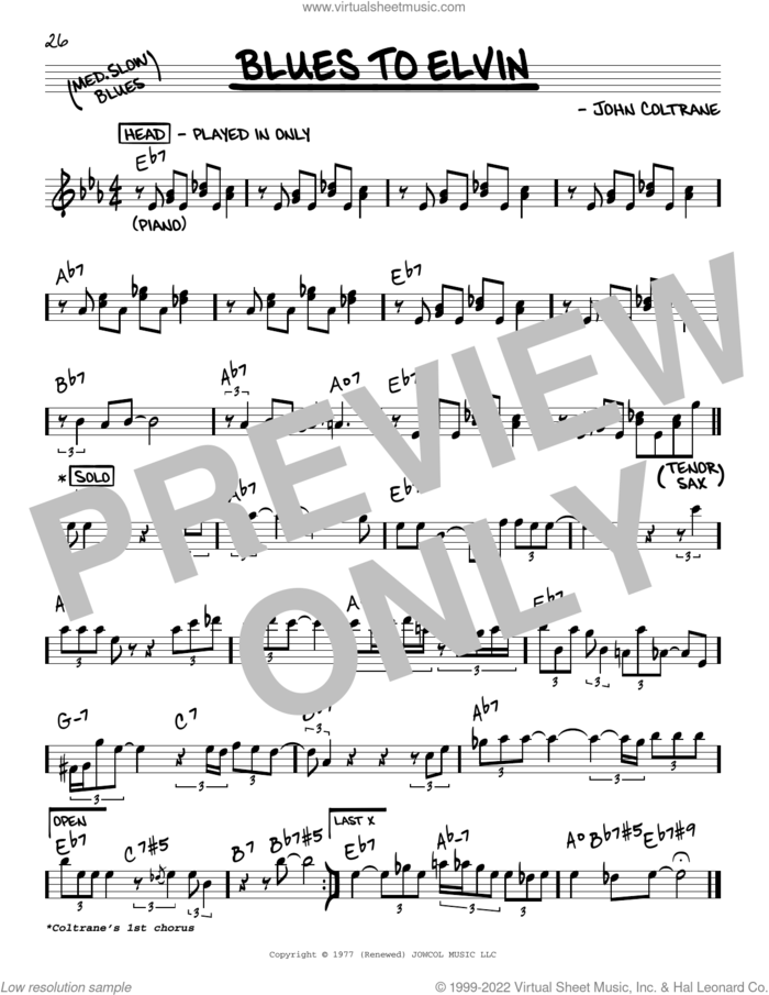 Blues To Elvin sheet music for voice and other instruments (real book) by John Coltrane, intermediate skill level