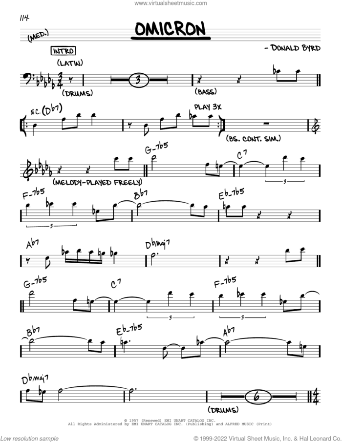 Omicron sheet music for voice and other instruments (real book) by John Coltrane and Donald Byrd, intermediate skill level