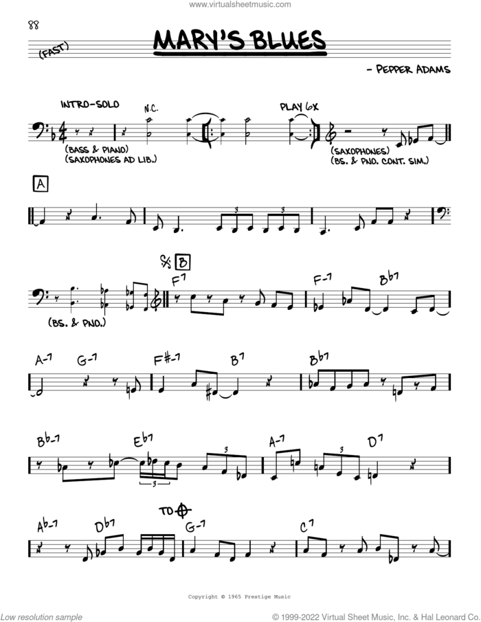 Mary's Blues sheet music for voice and other instruments (real book) by John Coltrane and Pepper Adams, intermediate skill level