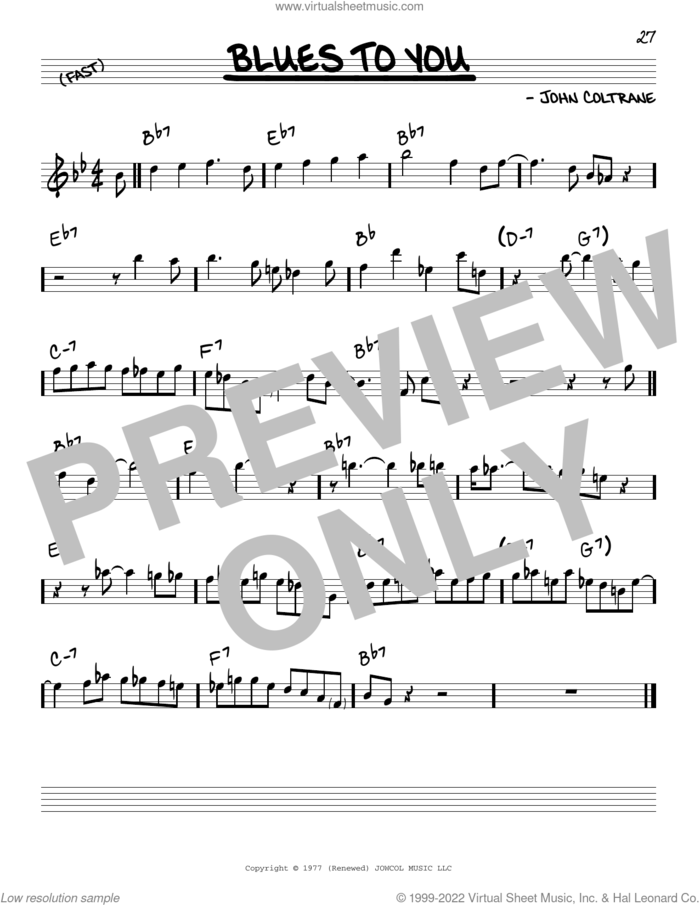 Blues To You sheet music for voice and other instruments (real book) by John Coltrane, intermediate skill level