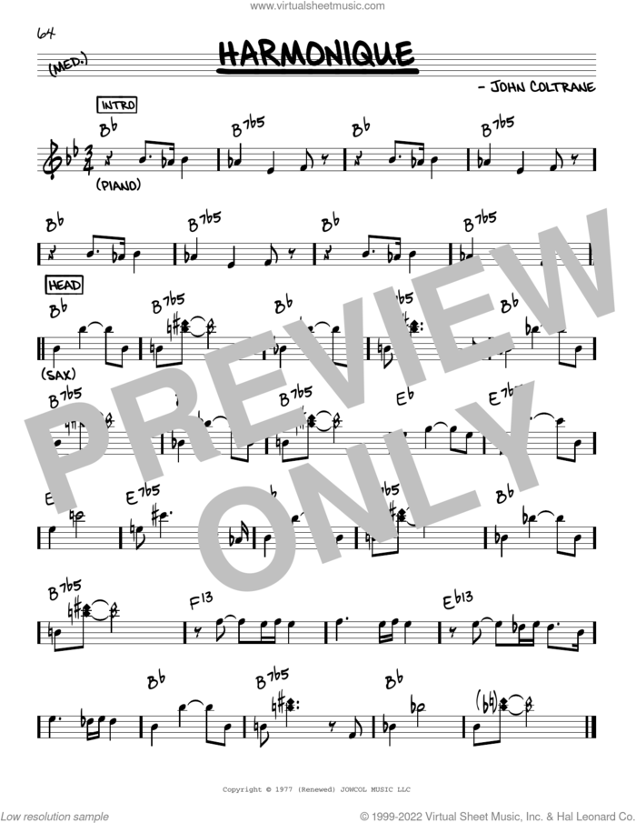 Harmonique sheet music for voice and other instruments (real book) by John Coltrane, intermediate skill level