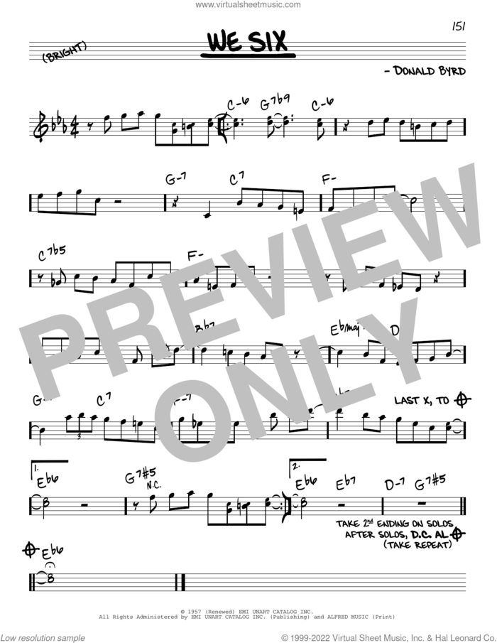We Six sheet music for voice and other instruments (real book) by John Coltrane and Donald Byrd, intermediate skill level