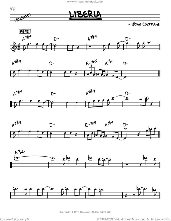 Liberia sheet music for voice and other instruments (real book) by John Coltrane, intermediate skill level