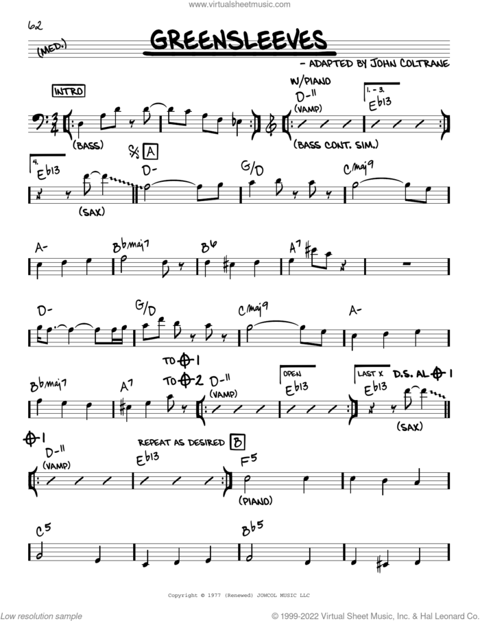 Greensleeves sheet music for voice and other instruments (real book) by John Coltrane, intermediate skill level