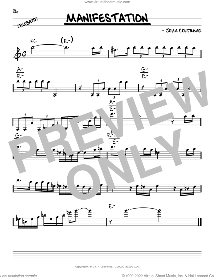 Manifestation sheet music for voice and other instruments (real book) by John Coltrane, intermediate skill level
