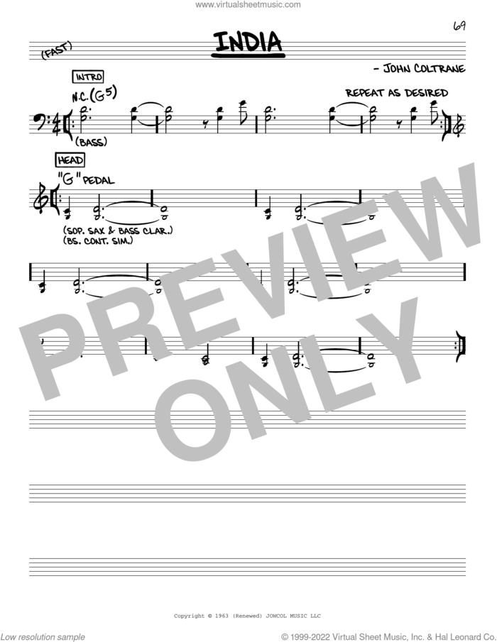 India sheet music for voice and other instruments (real book) by John Coltrane, intermediate skill level