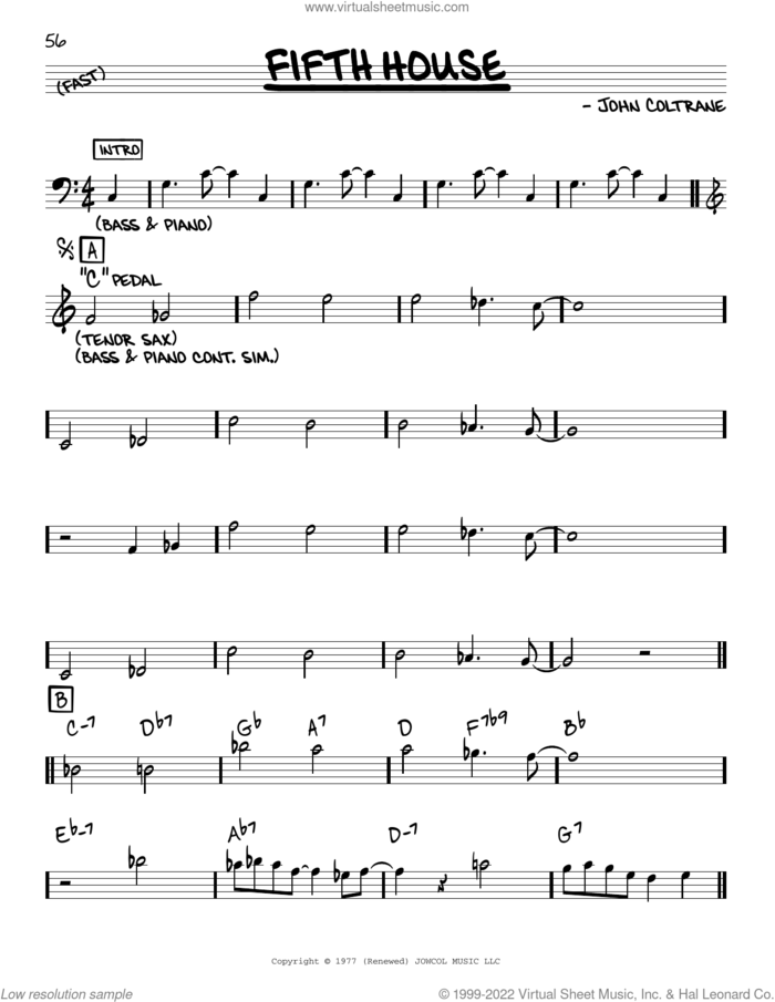 Fifth House sheet music for voice and other instruments (real book) by John Coltrane, intermediate skill level